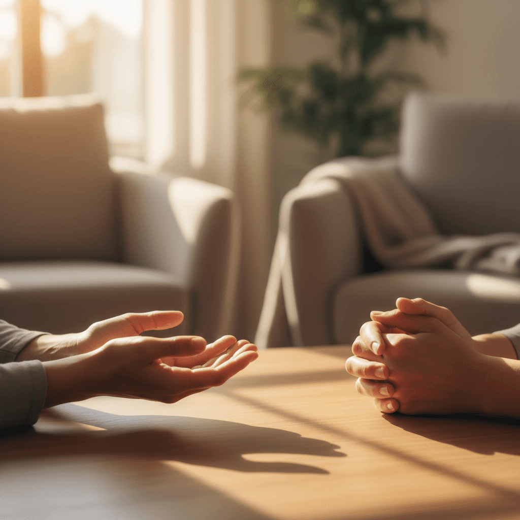 Detalhe de mãos durante sessão de terapia, momento de conexão e confiança