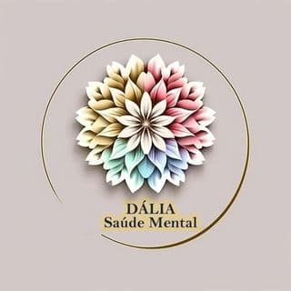 Multi-colored pastel dahlia flower logo for Dália Saúde Mental within a delicate gold circular border.